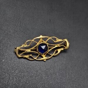 Gold Tone Blue Glass Bar Brooch Vintage C Clasp Jewelry